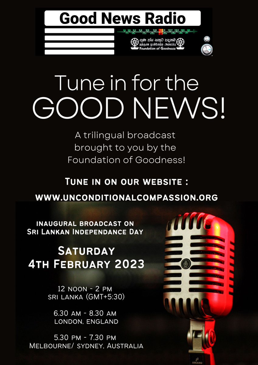 Foundation of Goodness (@fogoodness) on Twitter photo Spread positivity with us! Tune in to the all-new Good News Radio by the Foundation of Goodness! 📻🎙️ 
Get ready for inspiring stories, heartwarming music and uplifting content! 💫
Visit our website to listen in: unconditionalcompassion.org
#GoodNewsRadio #FoundationOfGoodness🌟 Spread positivity with us! Tune in to the all-new Good News Radio by the Foundation of Goodness! 📻🎙️ 
Get ready for inspiring stories, heartwarming music and uplifting content! 💫
Visit our website to listen in: unconditionalcompassion.org
#GoodNewsRadio #FoundationOfGoodness🌟