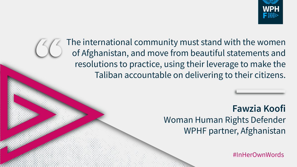wphfund's tweet image. Amid growing restrictions on women's rights, standing w/ women &amp;amp; girls in #Afghanistan is ➕ urgent than ever.
 
Our partner @Fawziakoofi77 is tirelessly amplifying their 🗣️ in 🌍 spaces.
 
Find out #InHerOwnWords how we're supporting her advocacy efforts: bit.ly/3l8nmXC