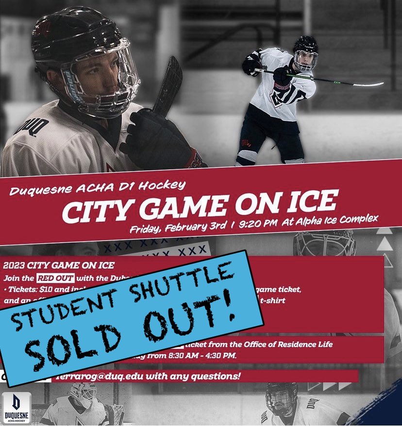 We are officially SOLD OUT of tickets for the shuttle to the City Game on Ice tonight. We will have a LIMITED number of shirts available for Duq students (w/ ID) & for sale, so get there early if you want one!

#duquesne #pitt #citygame #redout #acha #collegehockey #clubhockey