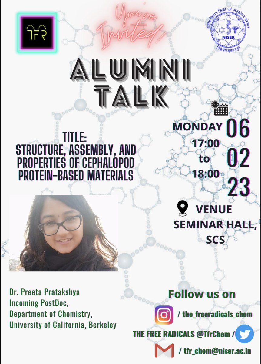 TfrChem's tweet photo. TFR invites you to an alumni talk by Dr. Preeta Pratakshya.

Topic: Structure, Assembly, and Properties of Cephalopod Protein-Based Materials

Speaker: Preeta Pratakshya, Dept. of Chemistry, University of California, Berkeley 
Date: 06.02.23
Time: 5:00PM
Venue: Seminar Room, SCS https://t.co/49Elh7o8wD