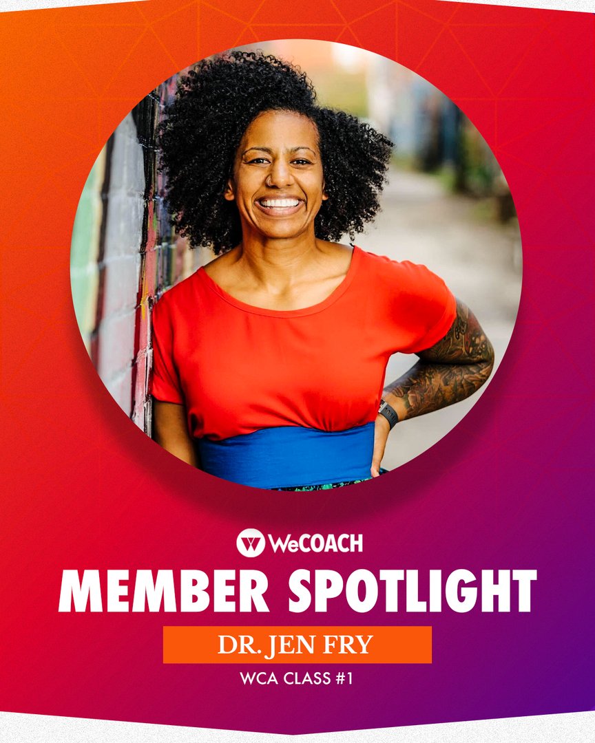 WeCOACH's tweet photo. This week's #MemberSpotlight goes to Dr. Jen Fry | Member Benefits Partner &amp; WCA Grad Class #1 🚨 

Founder &amp; CEO of Jen Fry Talks - a social justice education firm. Jen works to empower &amp; educate through an anti-racist lens.

Thank you for helping #MOVEtheNUMBERS, @jenfrytalks ! https://t.co/p9psHLnb99