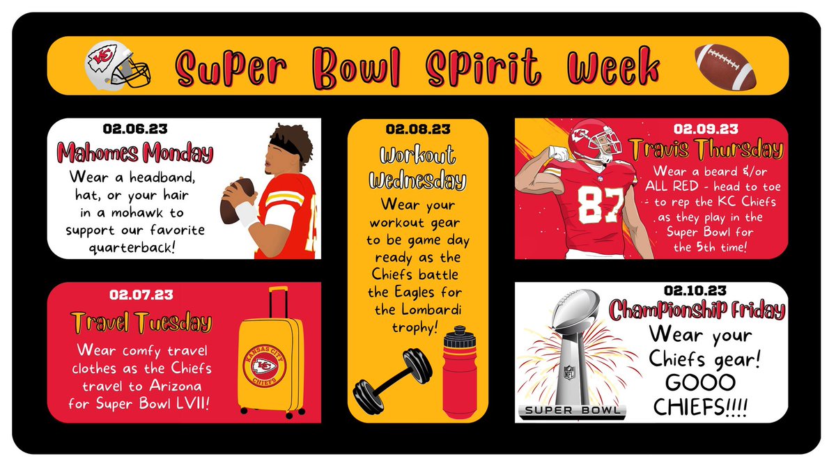 EarlyLearningDr's tweet photo. We are excited for next week’s SPIRIT WEEK! Who’s going to join us as we CELEBRATE the @Chiefs going to the Super Bowl?! ❤️💛🏈🎉 #WeAreDuello #WeAreWentzville #GoChiefs #SuperBowlSpiritWeek #SuperBowl  #SuperBowlLVII https://t.co/WrgoaFwV8x