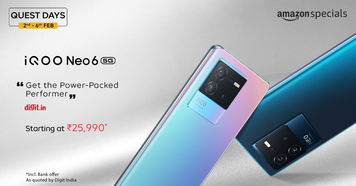 IqooInd's tweet photo. Get your hands on the #iQOONeo6 5G, highest rated 5G smartphone* @amazonIN at just ₹25,990* during the iQOO #QuestDays. The sale live now on @amazonIN.

Buy now https://t.co/HQIjOfMTgV

*Incl. Bank offer
#iQOO #PowerToWin #AmazonSpecials https://t.co/lLSYkN3lpo
