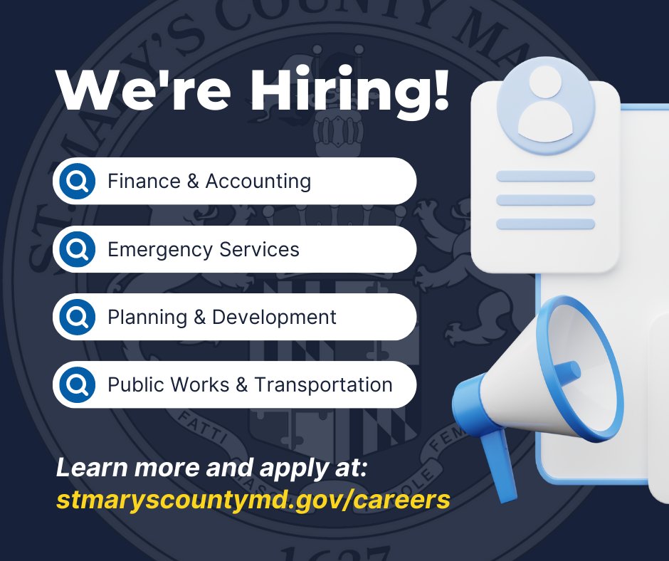 StMarysCoGov's tweet photo. 📣 #HIRINGNOW We have 35 current openings across county government, to include #financejobs #paramedics #corrections #drivers #dispatchers #EMTs #mechanics #managers #caseworkers #groundkeepers and more! Check out the full list and apply at: https://t.co/hcRZxunBC3 https://t.co/Zt4in2S8Nh