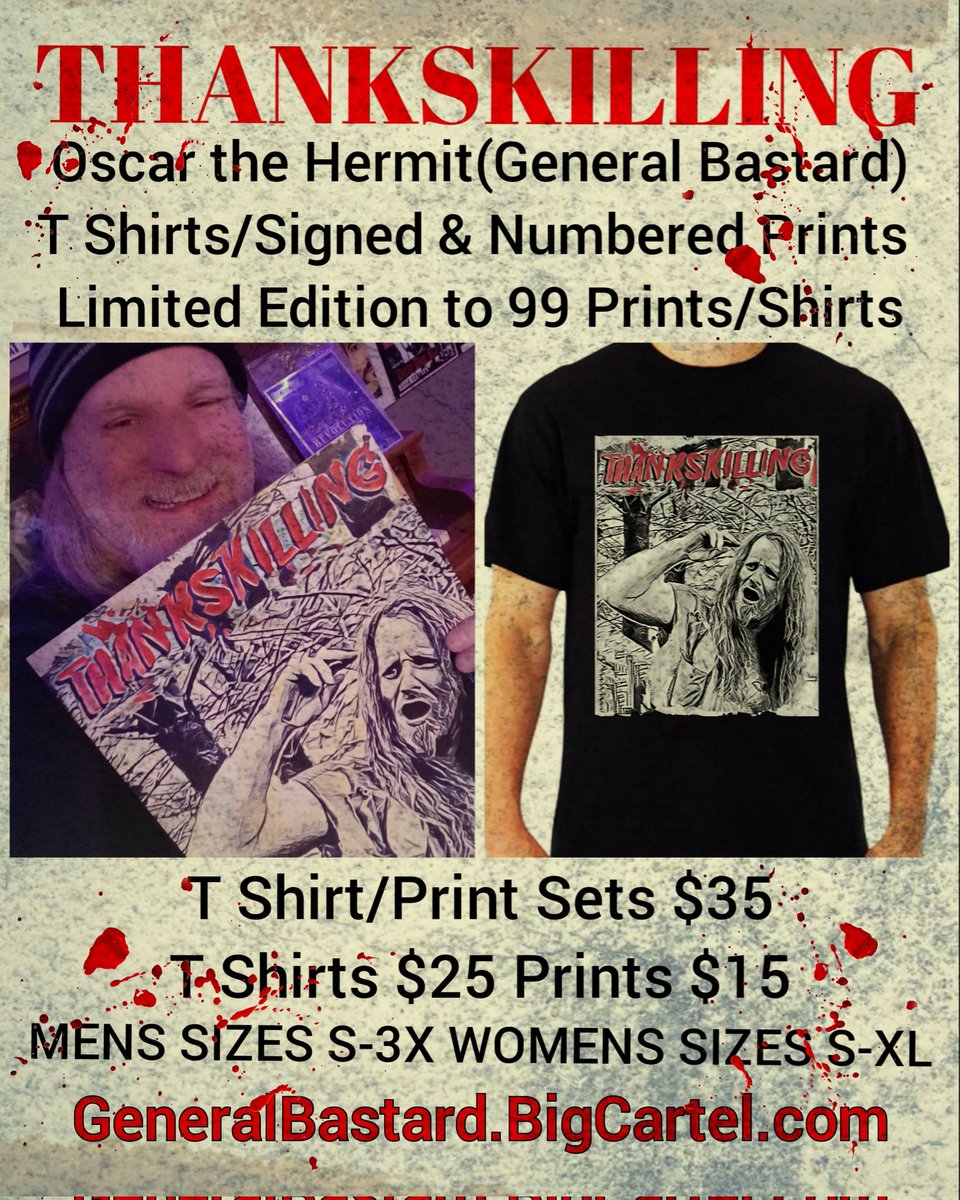 Get Yours NOW! Limited Edition #Thankskilling Oscar the Hermit T Shirts and Signed Prints. Order as a set or individually but quantities are very limited especially in shirt sizes so grab yours as soon as you can to make sure you get the size you want. 
generalbastard.bigcartel.com