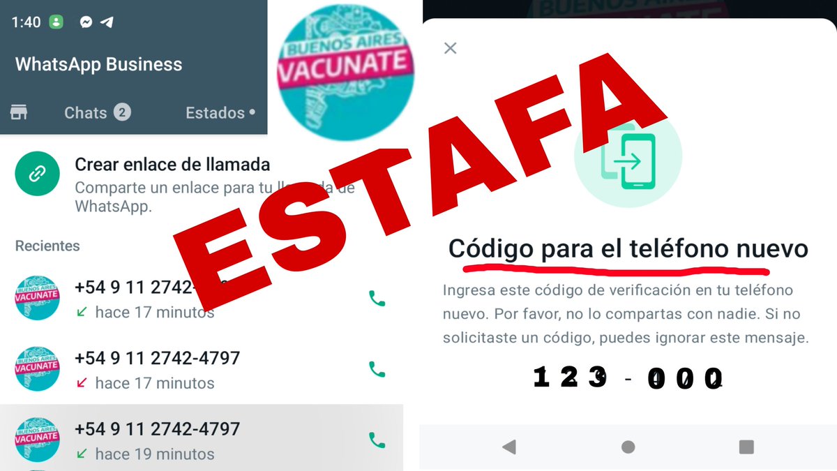 dantrila's tweet photo. #Alerta estafa telefónica. A través de llamada por WhatsApp, con el logo VACUNATE, comienza preguntando cuantas dosis has recibido y ofrece ir a retirar la credencial. Luego dice "en la pantalla aparecen 6 numeros, decime cuales son".⚠️Te toma control del teléfono y las cuentas https://t.co/wvqVtVW2w7
