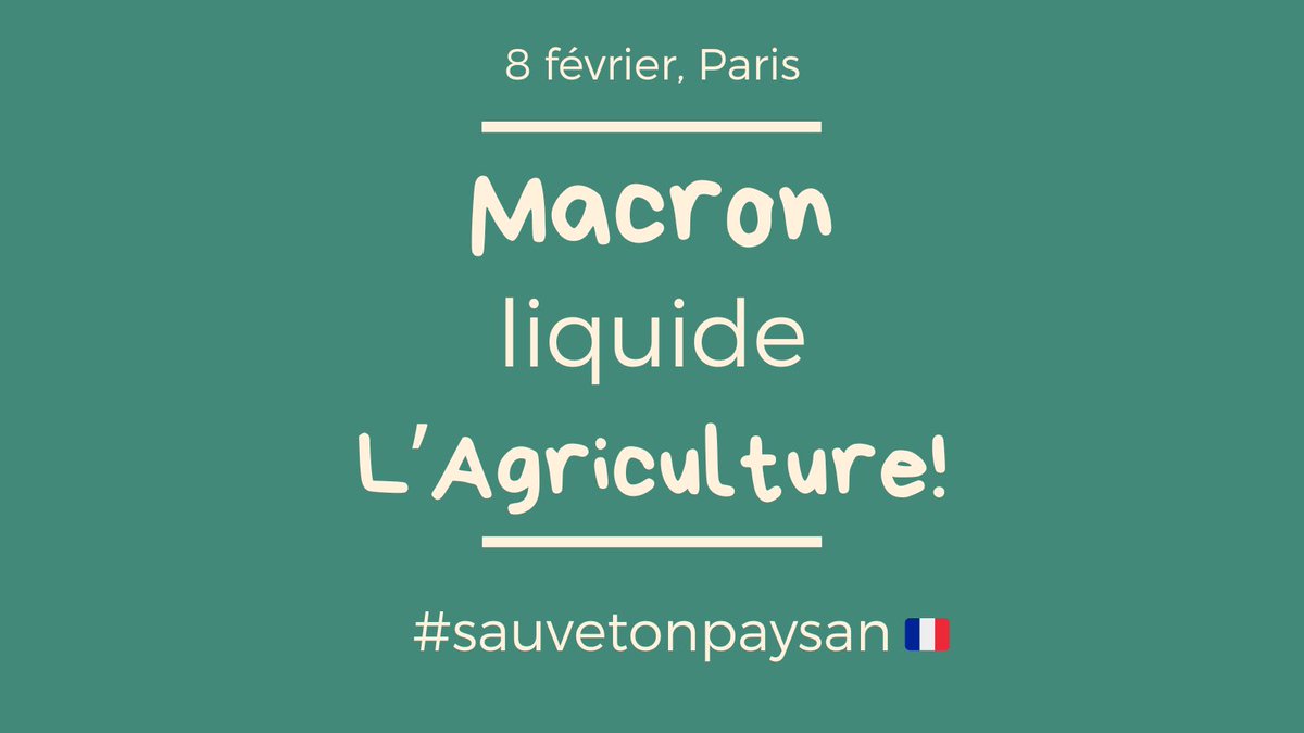 La suppression des moyens de production nous conduit à de graves conséquences : pertes de surface, filières en danger, risque d’importation…

NON à la liquidation de l'#agriculture !

Rendez-vous le mercredi 8 février 2023.

#sauvetonpaysan