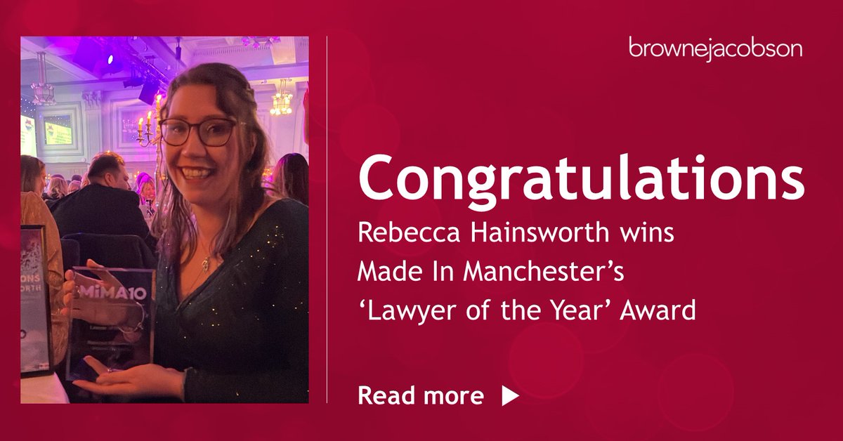 brownejacobson's tweet photo. Our Senior Associate Rebecca Hainsworth has been named ‘Lawyer of the Year’ at this year’s Made in Manchester Awards. Congratulations to everyone recognised by #MiMA, including Associate Bethany Nixon, also shortlisted as 'Lawyer of the Year'. 

Read more: https://t.co/aKWN9gi2tF https://t.co/nJS3J5oeJl