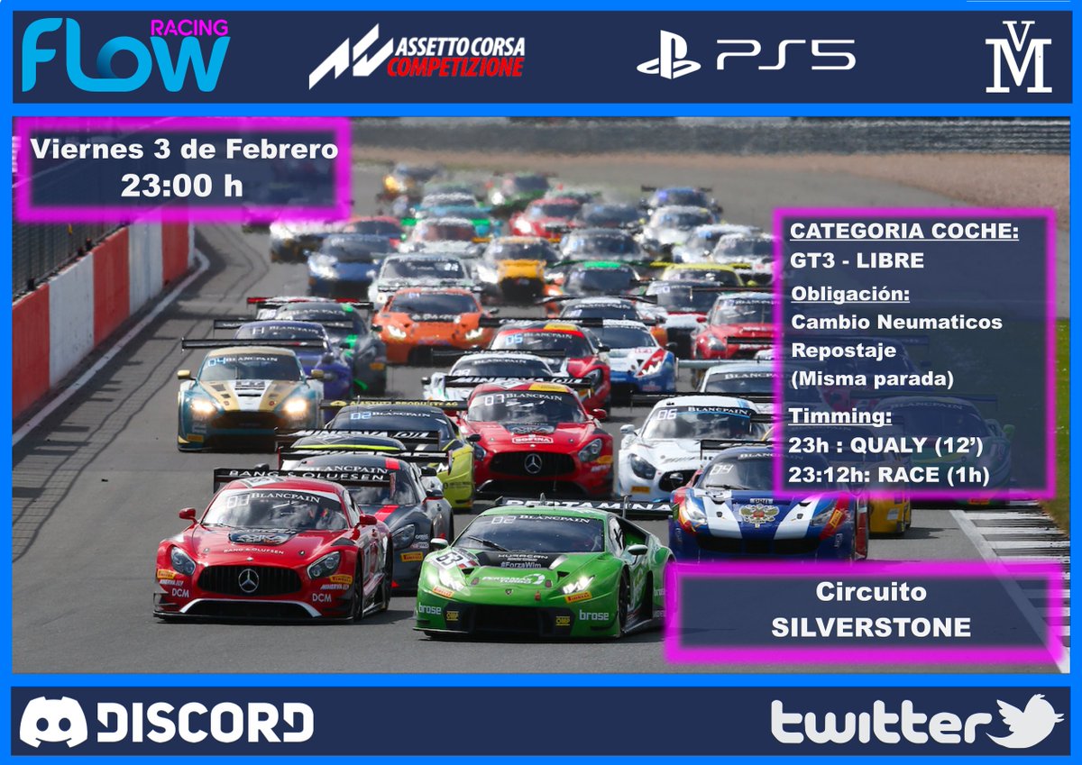 Hoy Viernes de Flow.

Silverstone...
Sala llena con 30 pilotazos...
Y como no...

Nuestros Casters:
@juv3sito y <a href="/g_tmen/">rastaGTmen</a> 

En Directo a las 22:45: twitch.tv/juv3sito