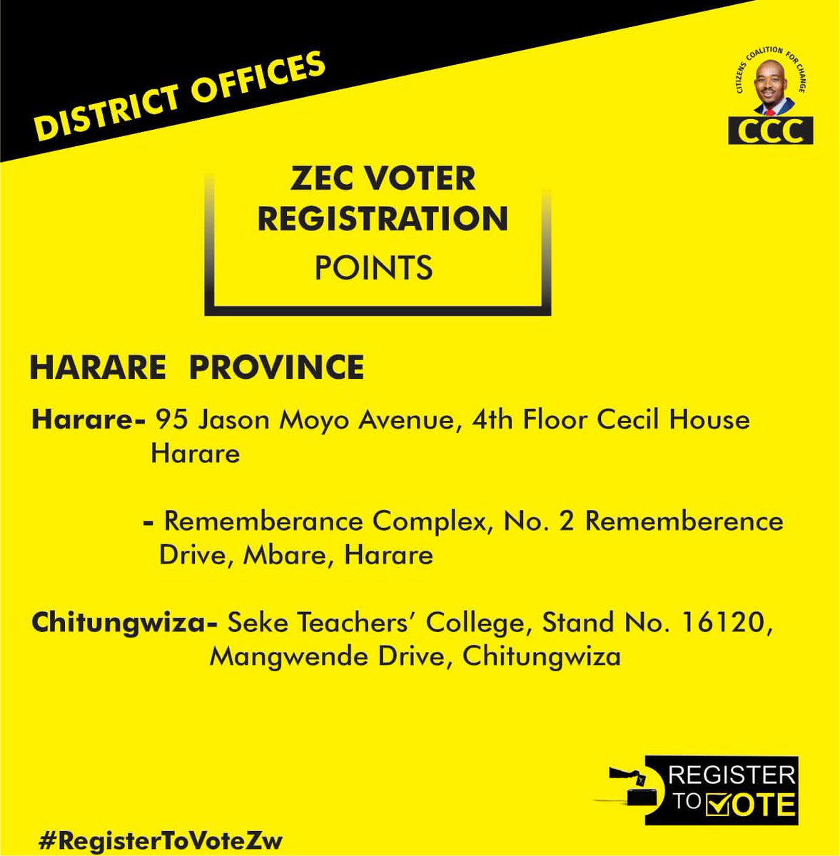 CCCZimbabwe's tweet photo. 🗳️REGISTER TO VOTE: Voter registration in Harare Province is ongoing at 95 Jason Moyo Avenue 4th Floor Cecil House, Remembrance Complex No 2 Remembrance Drive, Mbare and Seke Teachers’ College. 

You can also check your registration details via +265#. #RegisterToVoteCCC https://t.co/zkuXqVbRk3
