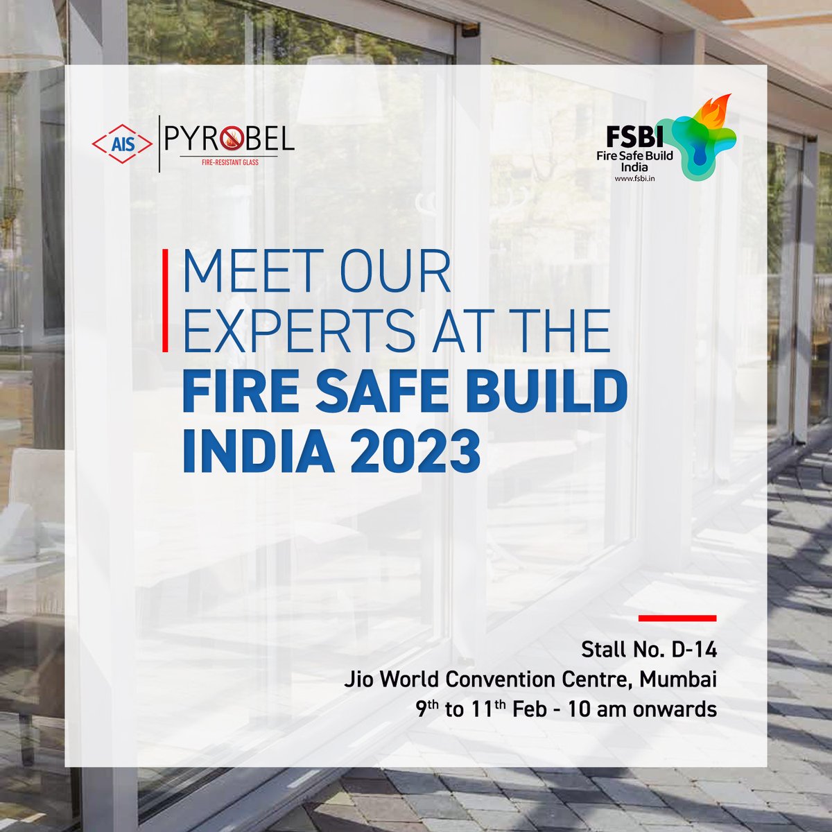 AIS_Glass's tweet photo. We are participating in the Fire Safe Build India 2023 at the Jio World Convention Centre, Mumbai. Meet us to learn about AIS Pyrobel, the best-in-class fire-resistant glass solutions for fire safety needs.
Register now:https://t.co/hgvWdGI1qG
#AIS #AISPyrobel https://t.co/WI83qLFBsE
