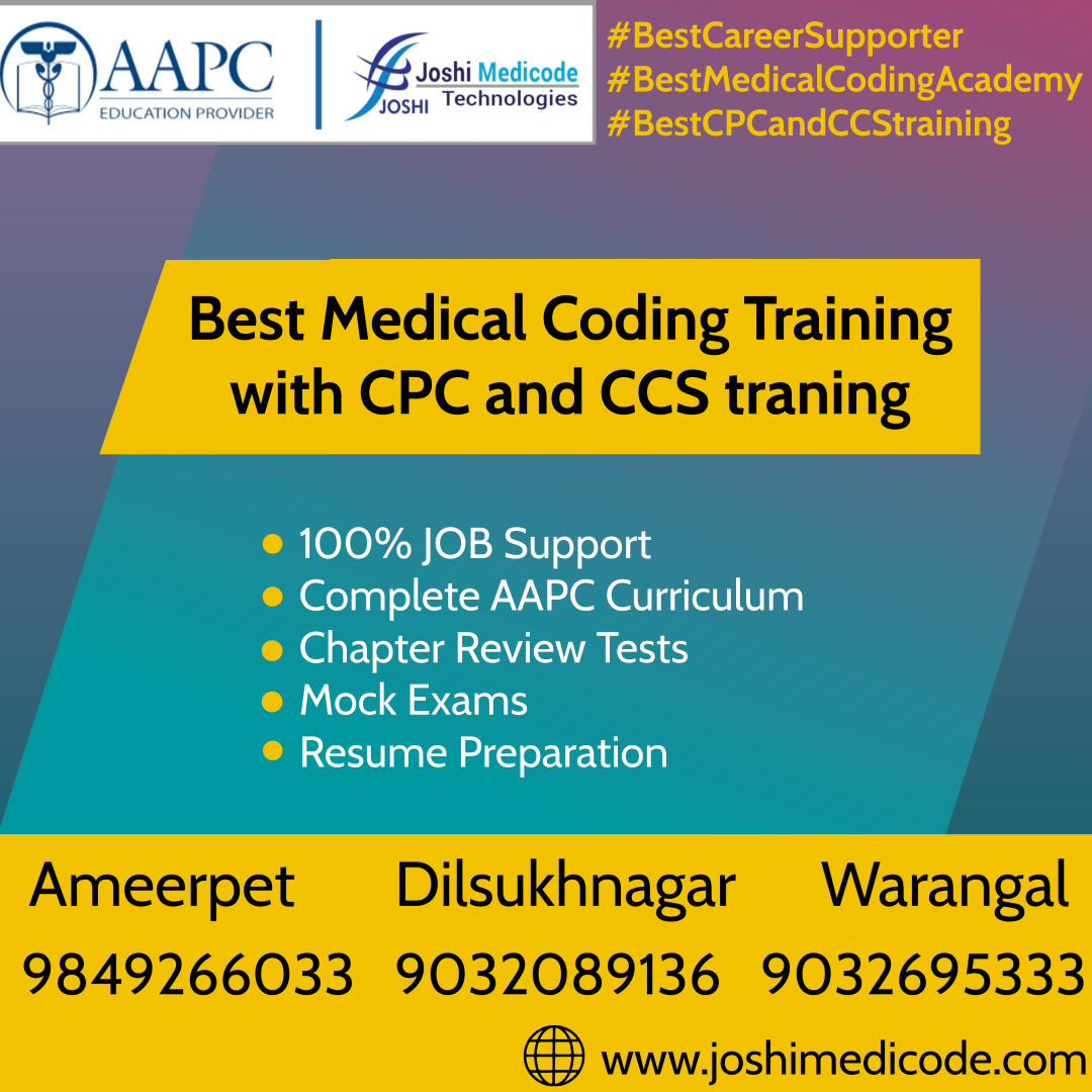 joshimedicode's tweet image. #bestmedicalcodingacademy
Comprehensive Medical coding CPC training By AAPC Approved Instructor @ Leading Medical Coding Academy "Joshi Medicode Technologies", Ameerpet, Dilsukhnagar & Warangal.
9849266033 / 9032759395 / 9032089136 / 9032695333
web enq joshimedicode.com