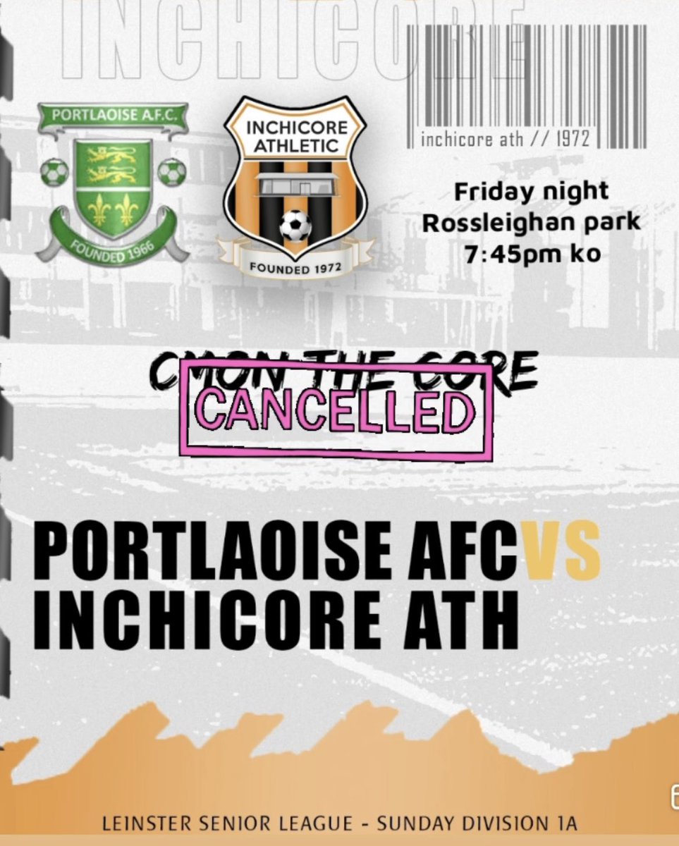 Inchicore Ath FC (@inchicoreathfc) on Twitter photo Our game vs <a href="/portlaoiseafc/">Portlaoise AFC</a> is off. Pitch deemed unplayable <a href="/LSLLeague/">Leinster Senior League</a> <a href="/AlQuinn2015/">LSL Live Update’s</a> 😥😥😥 Our game vs <a href="/portlaoiseafc/">Portlaoise AFC</a> is off. Pitch deemed unplayable <a href="/LSLLeague/">Leinster Senior League</a> <a href="/AlQuinn2015/">LSL Live Update’s</a> 😥😥😥