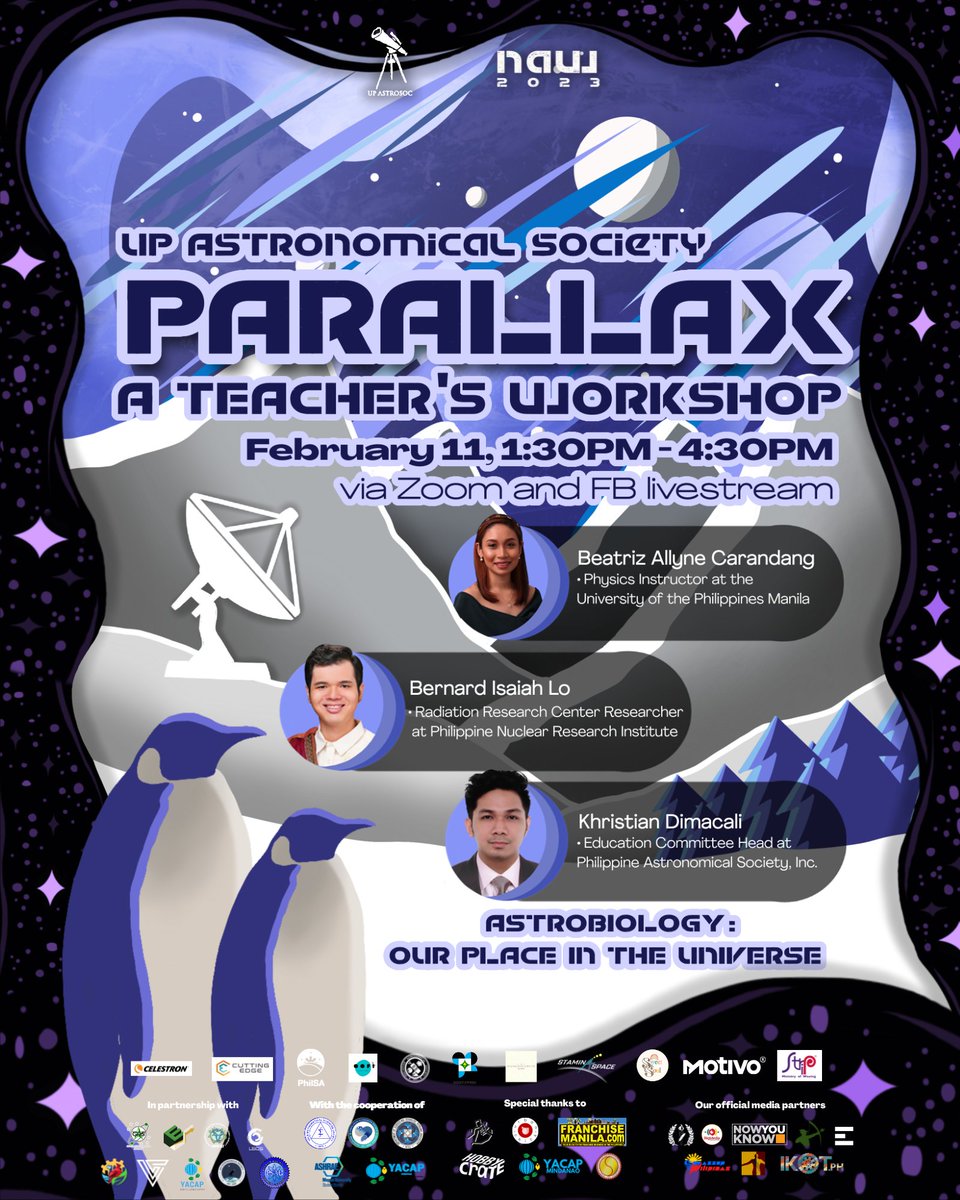 upastrosoc's tweet photo. Calling all HIGH SCHOOL EDUCATORS! UP Astronomical Society invites you to this year’s Parallax: A Teacher’s Workshop. Parallax is an online half-day seminar for high school teachers composed of lectures and activities by professional astronomy enthusiasts. https://t.co/0ZcNi1BahH