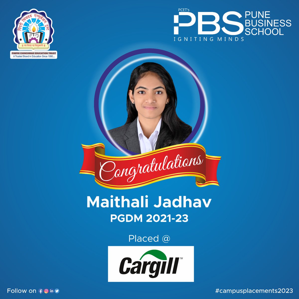 #𝐂𝐨𝐧𝐠𝐫𝐚𝐭𝐮𝐥𝐚𝐭𝐢𝐨𝐧𝐬 Maithili💐!

We at #𝐏𝐂𝐄𝐓’𝐬 #𝐏𝐁𝐒 congratulates or #PGDM student Ms. Maithili Jadhav for being placed at Cargil. Her PGDM Specialization is #AgriBusinessManagement. 
Best Luck for your future!

#CampusPlacements2023 #CampusPlacements