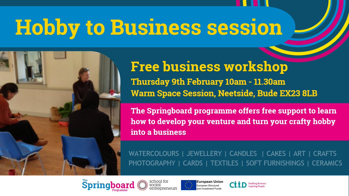 📣Free "Hobby to Business Session" taking place in #Bude 📣

🌊Do you live in the Bude area?
🤹‍♀️Do you have a hobby or skill that you enjoy taking time over?
💵Do you want to explore making money from it? 

Join our free session to explore your ideas

#hobbyist #craftingbusiness