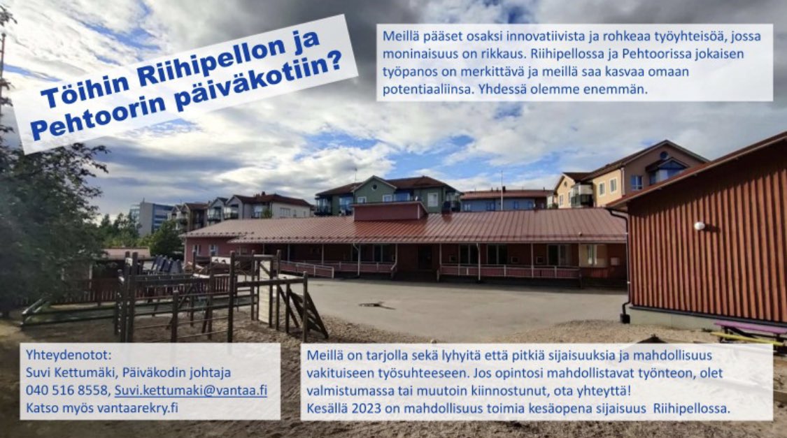 SuviKettumaki's tweet photo. Etsin päiväkoteihini tulevia varhaiskasvatuksen opettajia eri mittaisiin sijaisuuksiin kevään ja kesän ajaksi. Syksyllä olisi tarjolla myös vakituinen toimi jo valmistuneelle opettajalle.
Vinkkaa kaverille! Ole yhteydessä, kun kiinnostuit.
#Varhaiskasvatus #rekry #TöissäVantaalla https://t.co/1hw2UBrHML