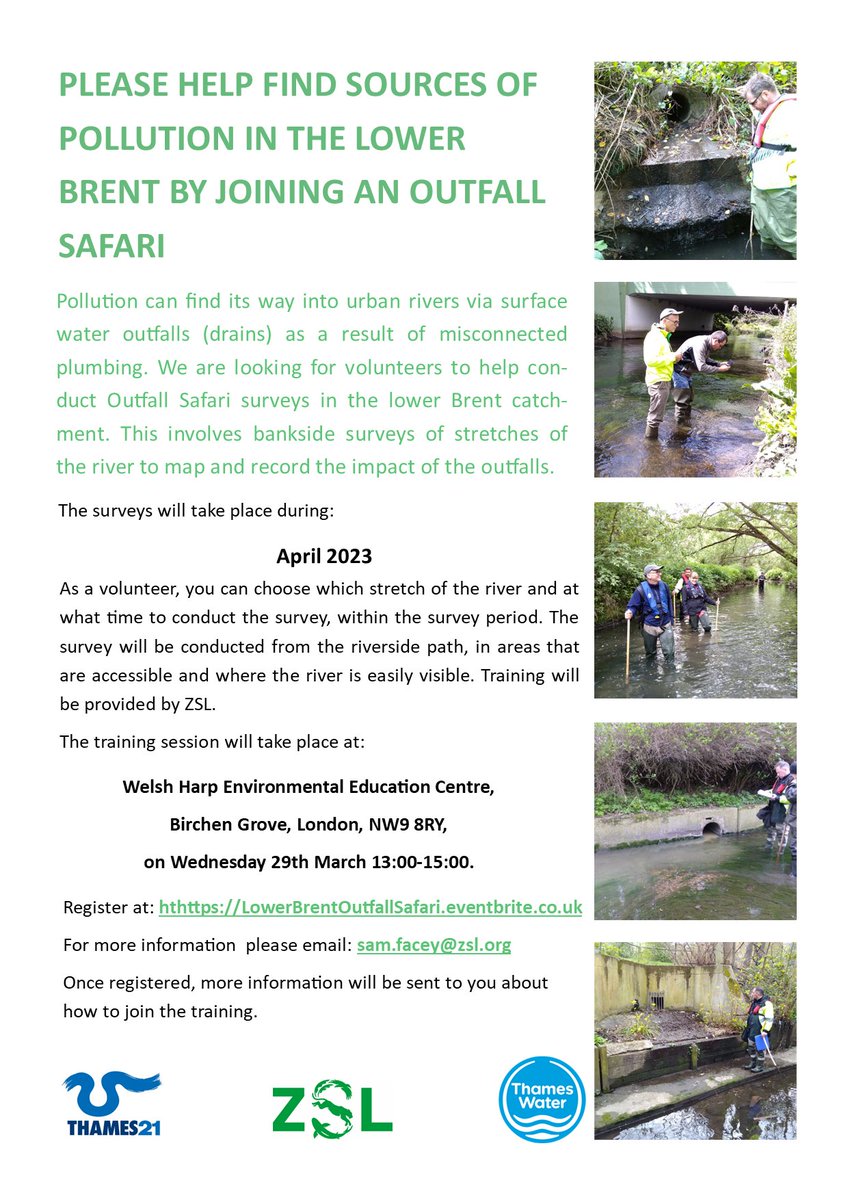 Can you help <a href="/OfficialZSL/">ZSL</a> find sources of pollution on the lower #River #Brent?

ZSL are running 'Outfall Safari Surveys' of the River Brent in April and are looking for volunteers to help. Full training will be provide. Please contact <a href="/OfficialZSL/">ZSL</a> for more details.