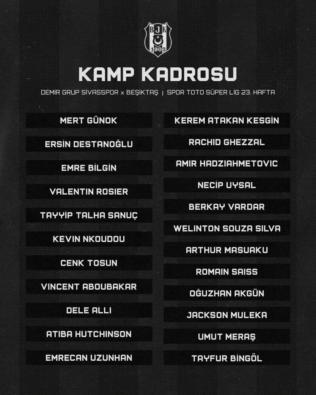 beşiktaş kamp kadrosu