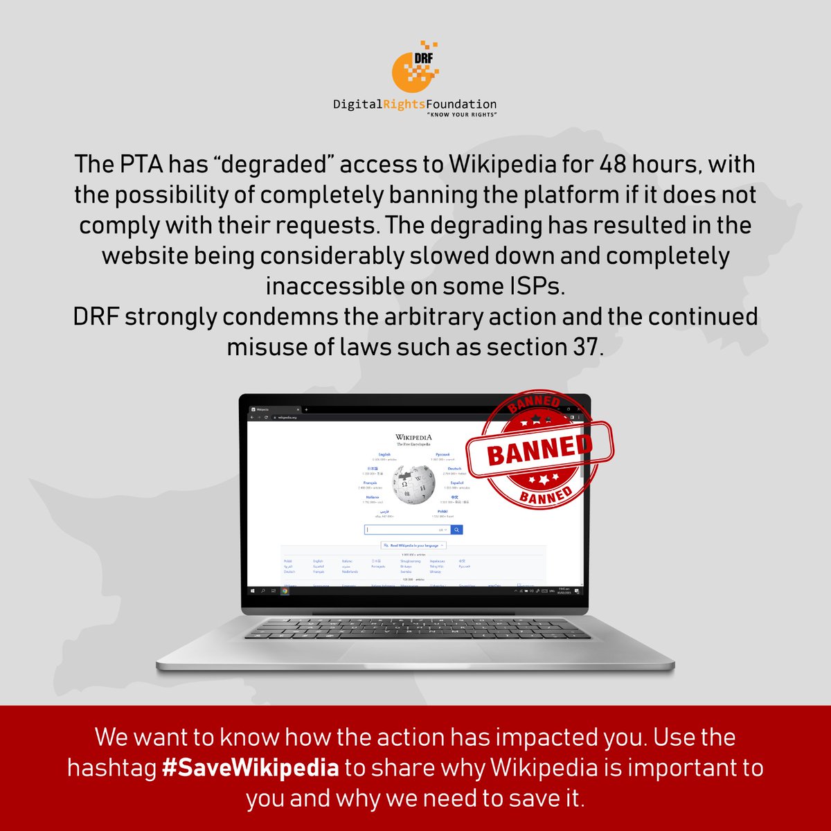 DigitalRightsPK's tweet photo. We want to know how the action has impacted you. Use the hashtag #SaveWikipedia to share why Wikipedia is important to you and why we need to save it. https://t.co/p1vjlWdkga