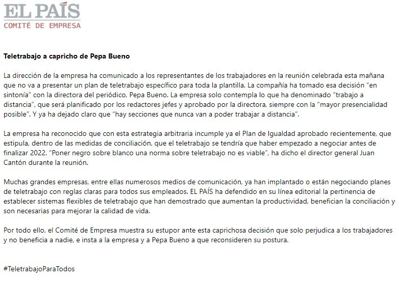 La dirección de EL PAÍS fulminó primero el #teletrajo y, ahora, fulmina cualquier negociación sobre este tras haberse comprometido en varias ocasiones. Este comité, en representación de la plantilla, pide dar marcha atrás cuanto antes 
#TeletrabajoParaTodos