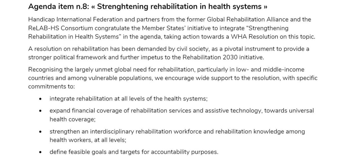 WFOT is proud to be part of the multidisciplinary statement to strengthen #rehabilitation in health systems at the <a href="/WHO/">World Health Organization (WHO)</a> 152nd Executive Board Meeting #EB152

<a href="/CochraneRehab/">Cochrane Rehabilitation</a> <a href="/IAPB1/">IAPB</a> <a href="/ISPO_int/">ISPO International</a> <a href="/ISPRM/">ISPRM</a> @lftwworldwide <a href="/WorldPhysio1951/">World Physiotherapy</a> <a href="/WFCchiropractic/">WFC</a> <a href="/RelabHS/">ReLAB-HS</a> <a href="/HI_Advocacy/">HI_Advocacy</a>
