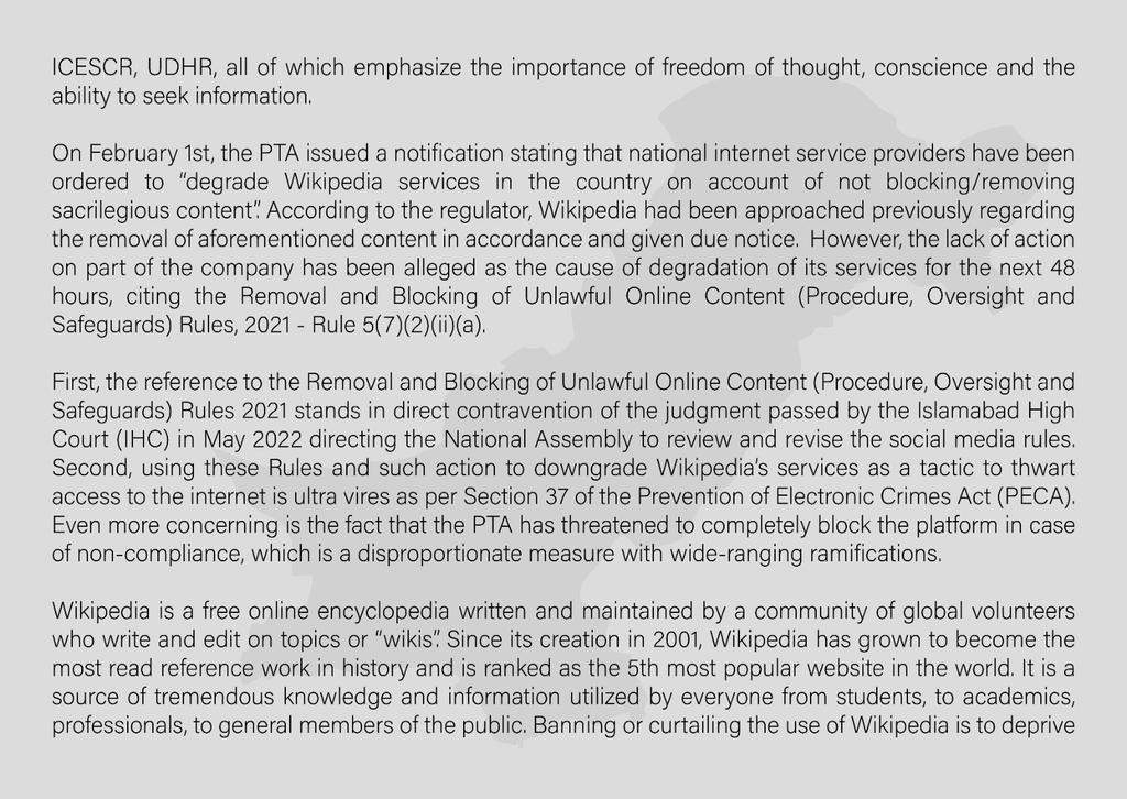 DigitalRightsPK's tweet photo. DRF strongly condemns the downgrading of access to Wikipedia in Pakistan. The PTA has 'degraded' access to Wikipedia for 48 hours with the possibility of completely banning the platform if it does not comply with their requests. #SaveWikipedia https://t.co/ovaHiJscw0