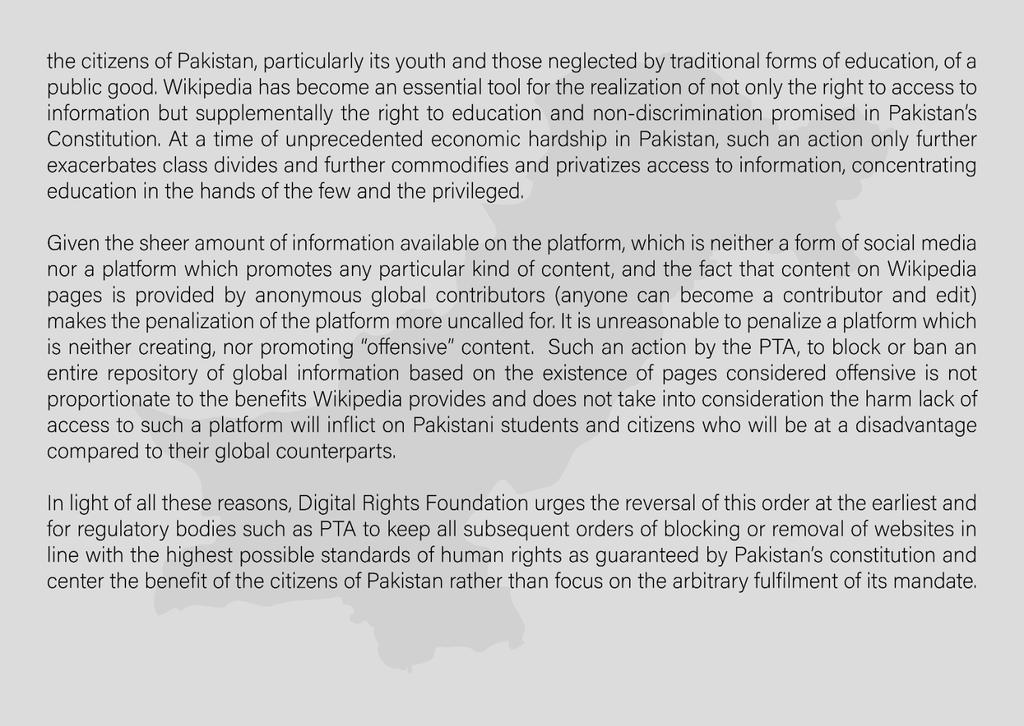 DigitalRightsPK's tweet photo. DRF strongly condemns the downgrading of access to Wikipedia in Pakistan. The PTA has 'degraded' access to Wikipedia for 48 hours with the possibility of completely banning the platform if it does not comply with their requests. #SaveWikipedia https://t.co/ovaHiJscw0