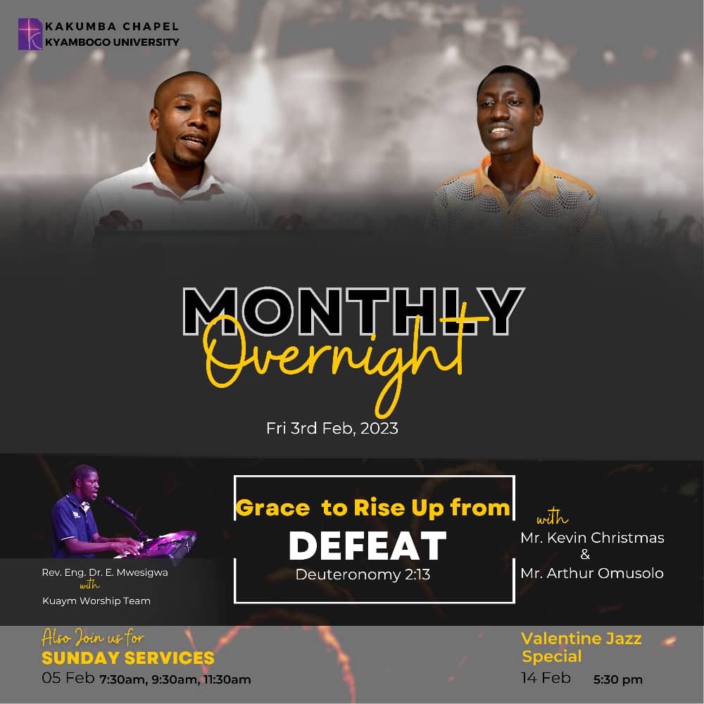 Our Monthly Overnight is here 💃💃💃🥳🥳🥳 today Friday 3rd February here at Chapel from *9pm to 5am. Remember, there's Grace to rise up from defeat! Come and we enjoy God's presence together! Invite as many people as you can!