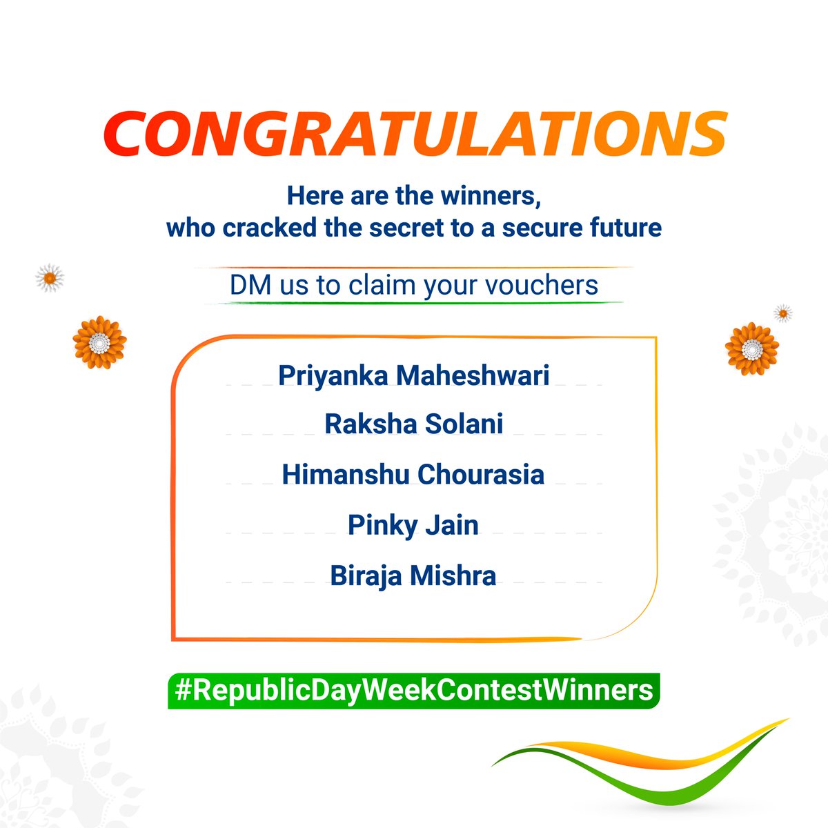 Kotak_Life's tweet photo. Congratulations to the winners of our Republic day contest!
DM us today to claim your vouchers.
Follow Kotak Life and stay tuned for more such fun contests.
#ContestWinners #RepublicDayWeek #KotakLife #LifeInsurance https://t.co/akiFIMdthj