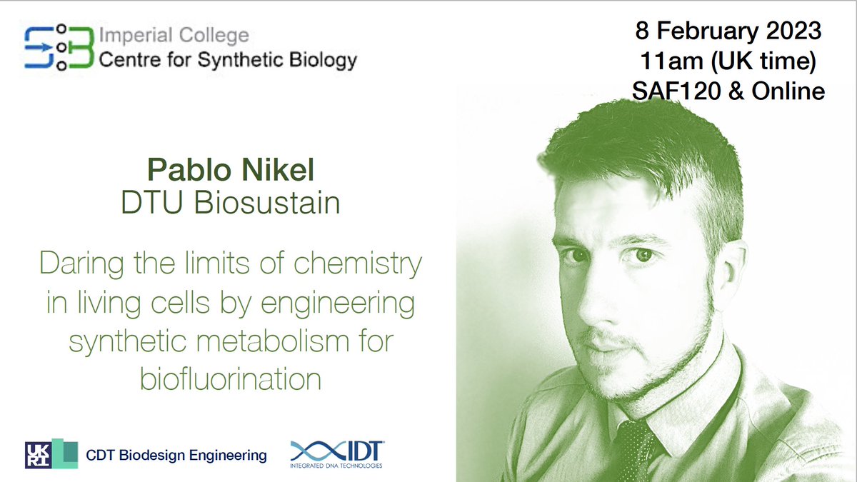 Imperial College Centre for Synthetic Biology (@ic_csynbio) on Twitter photo Next IC-CSynB seminar on 8 February - by Prof Pablo Nikel (DTU Biosustain) <a href="/PabloINik/">Pablo Iván Nikel @pabnik.bsky.social</a>!
Join us to hear about extreme cellular chemistry by metabolic engineering!
In person (SAF120, ICL SouthKen) or online.
Open to everyone!
Sign up here: eventbrite.co.uk/e/ic-csynb-cdt… Next IC-CSynB seminar on 8 February - by Prof Pablo Nikel (DTU Biosustain) <a href="/PabloINik/">Pablo Iván Nikel @pabnik.bsky.social</a>!
Join us to hear about extreme cellular chemistry by metabolic engineering!
In person (SAF120, ICL SouthKen) or online.
Open to everyone!
Sign up here: eventbrite.co.uk/e/ic-csynb-cdt…