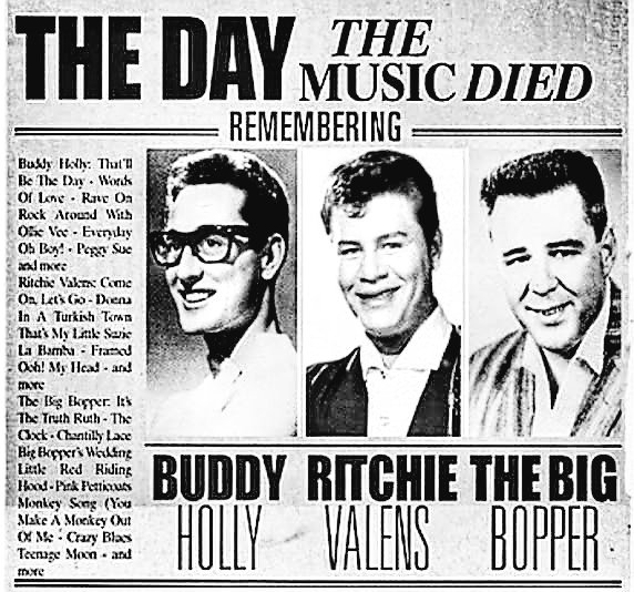 THE DAY THE MUSIC DIED

On this day in 1959, rock-and-roll stars #BuddyHolly, #RitchieValens and  #BigBopper died in a small plane crash near Clear Lake, Iowa.
#RIP
#TheDayTheMusicDied

youtu.be/jBcGLvnudUE