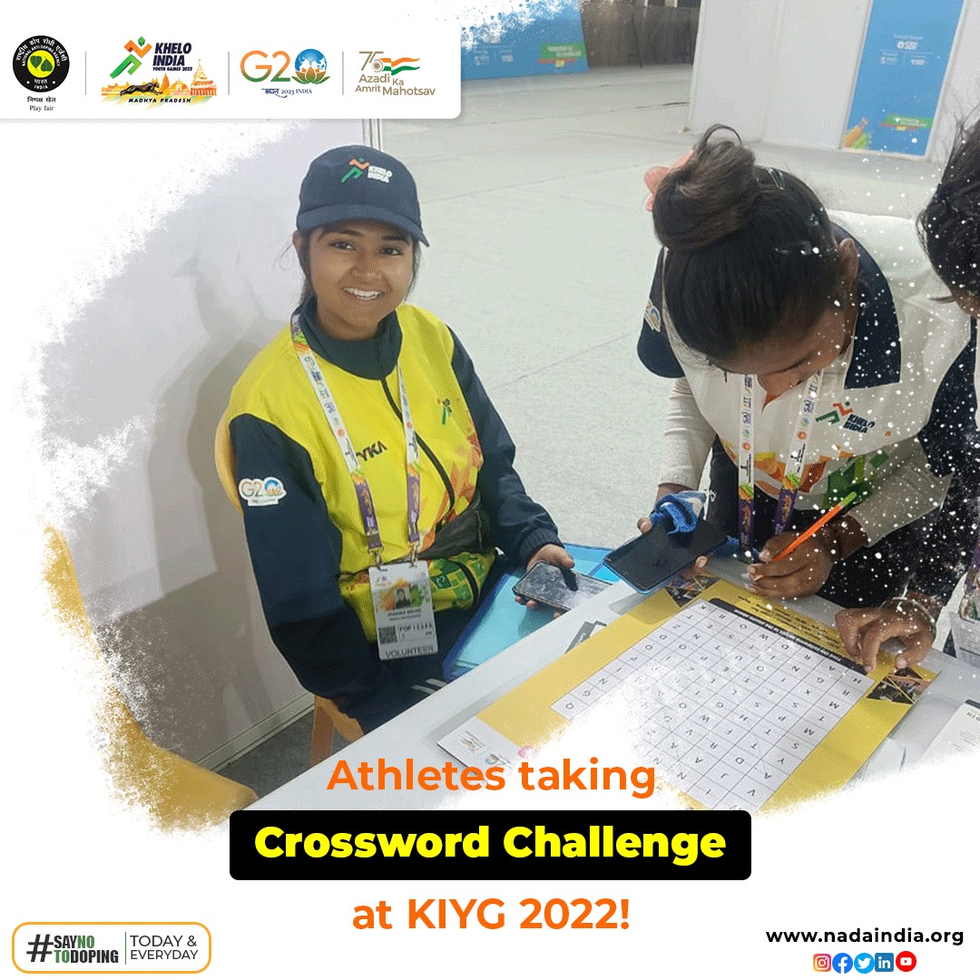 NADAIndiaOffice's tweet photo. Play the Anti-Doping Crossword and tell us in the comments!
 
If you are in Madhya Pradesh for the Khelo India Youth Games 2022, join us at the nearest NADA Kiosk!
 
#PlayFair #WinClean #KIYG2022 #KheloIndiaInMP #KheloIndia #SayNoToDoping #PlayFair #CleanSport #NoDoping #PlayTrue https://t.co/MpZJKjB2Kq