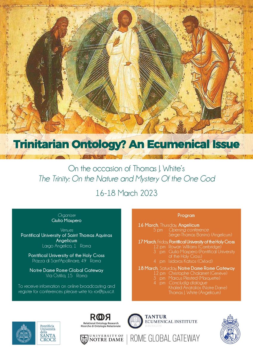 ANNOUNCING
Trinitarian Ontology? An Ecumenical Issue
An Ecumenical Reflection on Thomas J. White’s 'The Trinity: On the Nature and Mystery Of the One God'
16-18 March 2023 #TrinitarianOntology
<a href="/_Angelicum/">Angelicum</a> <a href="/SantaCroceRome/">Santa Croce Rome</a> @UNDIntl <a href="/MasperoGiulio/">Giulio Maspero</a> <a href="/johnmilbank3/">john milbank</a> <a href="/RyanHaecker/">Ryan Haecker</a>