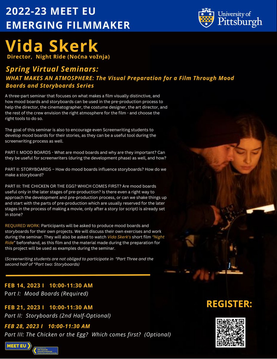 UNCEurope's tweet photo. Calling all #filmmakers!
Join #MEETEU Emerging Filmmaker Vida Skerk for #film seminars on February 14, 21, & 28!
Learn more and register 👉https://t.co/uOebz0zNgv
#EUinNC #EU #Europe #art #movie @EUintheUS https://t.co/CQRrYAH4b8