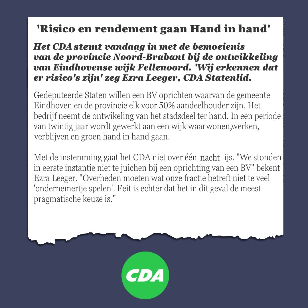 CDABrabant's tweet photo. Risico en rendement gaan hand in hand.

Het CDA stemt vandaag in met de bemoeienis van de provincie Noord-Brabant bij de ontwikkeling van Eindhovens wijk Fellenoord. “We erkennen dat er risico’s zijn” aldus @Ezra_Leeger. https://t.co/79DyVLulBt