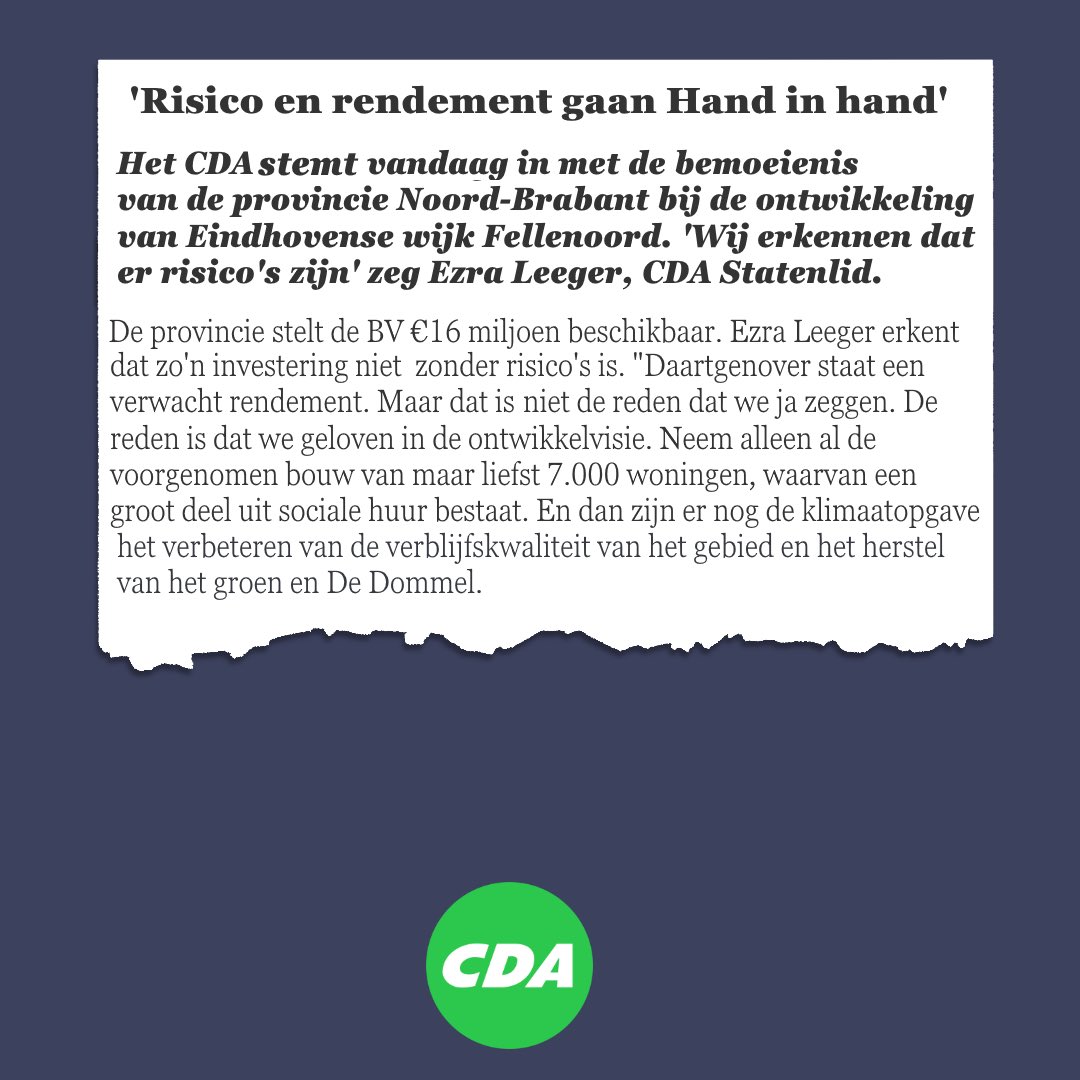 Risico en rendement gaan hand in hand.

Het CDA stemt vandaag in met de bemoeienis van de provincie Noord-Brabant bij de ontwikkeling van Eindhovens wijk Fellenoord. “We erkennen dat er risico’s zijn” aldus @Ezra_Leeger.