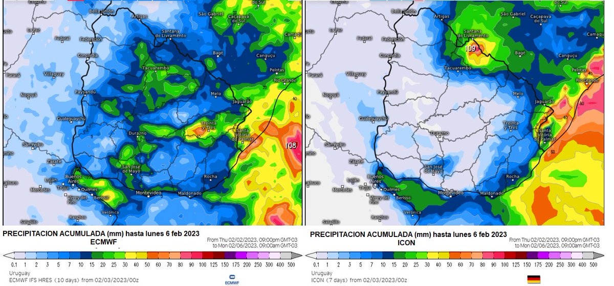 #lluvias pronosticadas hasta lunes 6/2/23, sobre #Uruguay, según #ecmwf (izq) e #icon (der), muestra que las lluvias estarán sobre E y SE (Maldonado, Rocha y T. y Tres) con acumulados entre 20 y 40 mm. Habrá tiempo inestable hasta el domingo 5 sobre Este de #Uruguay.