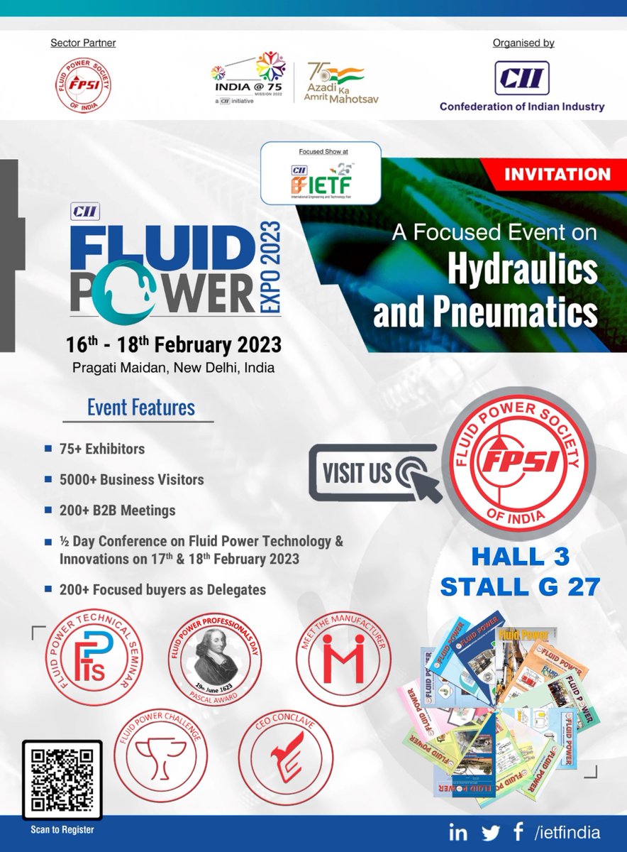 FPSI_Official's tweet photo. Visit us at Hall No. 3, Stall No. G 27 at Fluid Power Expo 2023 scheduled from 16-02-2023 to 18-02-2023 at Pragati Maidan, New Delhi. Click the below link to visit the event site. 
https://t.co/axPEhqFh4A https://t.co/6mPz9UkwrL
