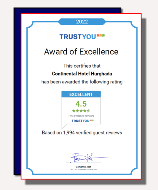 ContinentalHrg's tweet photo. After a year of hard work, we are proud of our great achievement in 2022, resulting in receiving TrustYou Excellence Award by scoring a 4.5 score out of 5 🏆 Thank you to all our loyal guests from all over the world 😍

#We_make_every_day_Count 
#Continentalhotelhurhgada https://t.co/Lt4cHzlawr