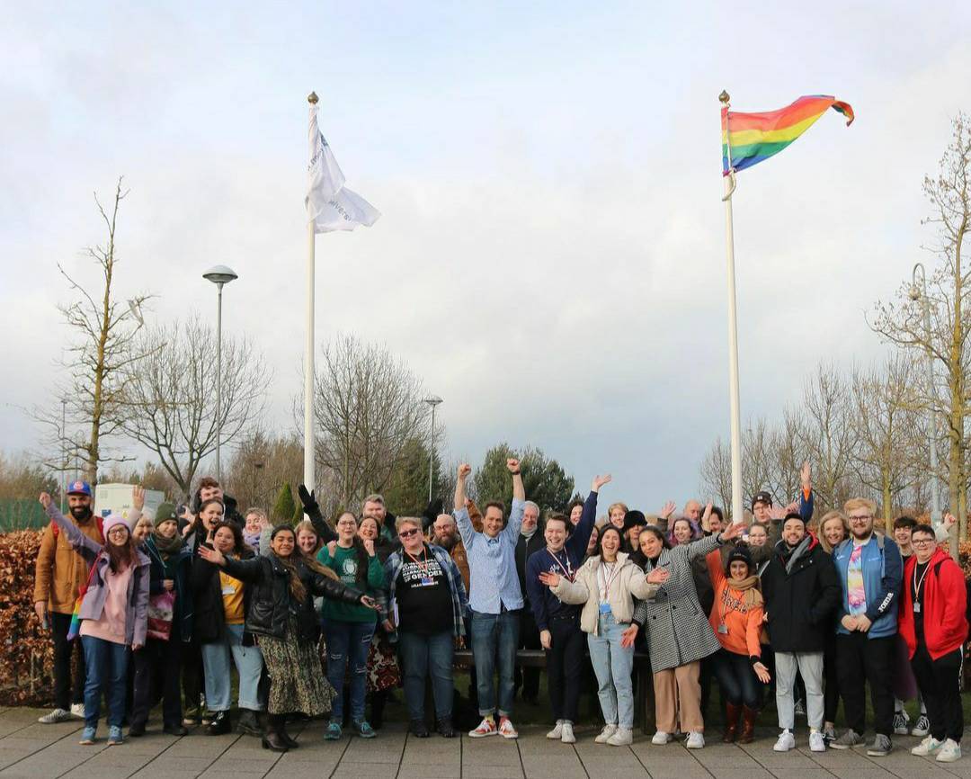 QMUniversity's tweet photo. 🏳️‍🌈 We are excited to end the week with the #Pride flag on our campus 🙌 Our SU kicked off #LGBT+ History Month with our annual Flag Raising Ceremony, which saw speeches from Dr Anthony Schrag and the SU's #EqualityandDiversity Officer Jay Brown. 

#QMUBelong #Ediburgh https://t.co/qWPL5eOnex