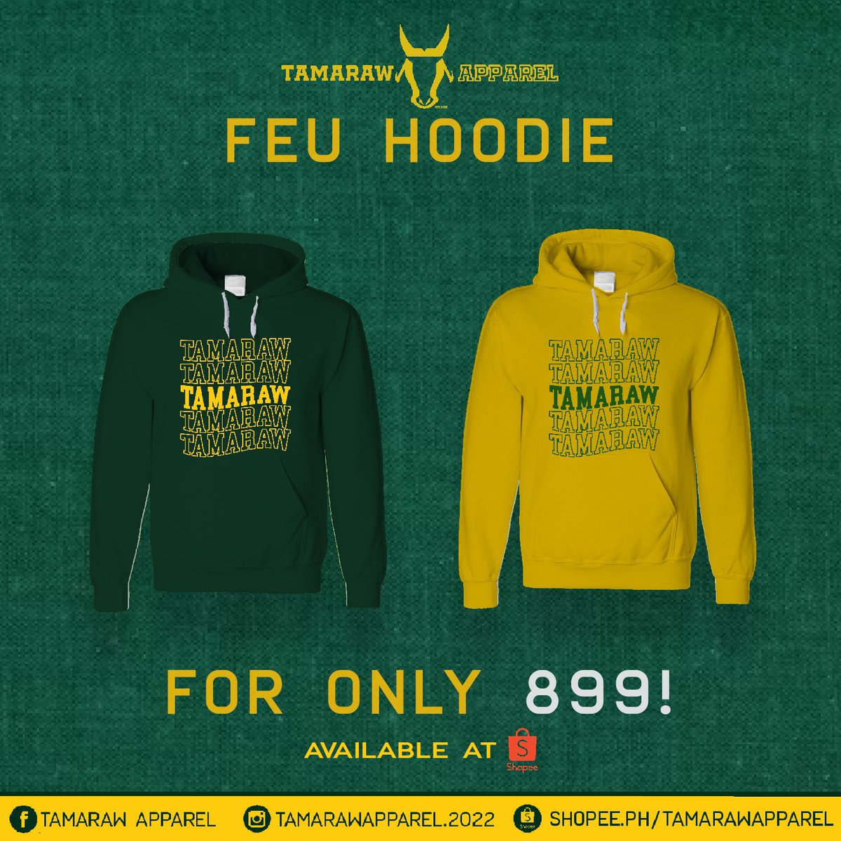 TamarawApparel's tweet photo. Featuring the first release of Tamaraw Apparel's FEU merchandise! Get your own FEU Shirts and Hoodies and get ready for the 2nd half of UAAP Season 85! Place your orders through our shopee store https://t.co/O3B5O8LhUv!

#TamarawApparel 
#FEU https://t.co/SeKnWm37ZB