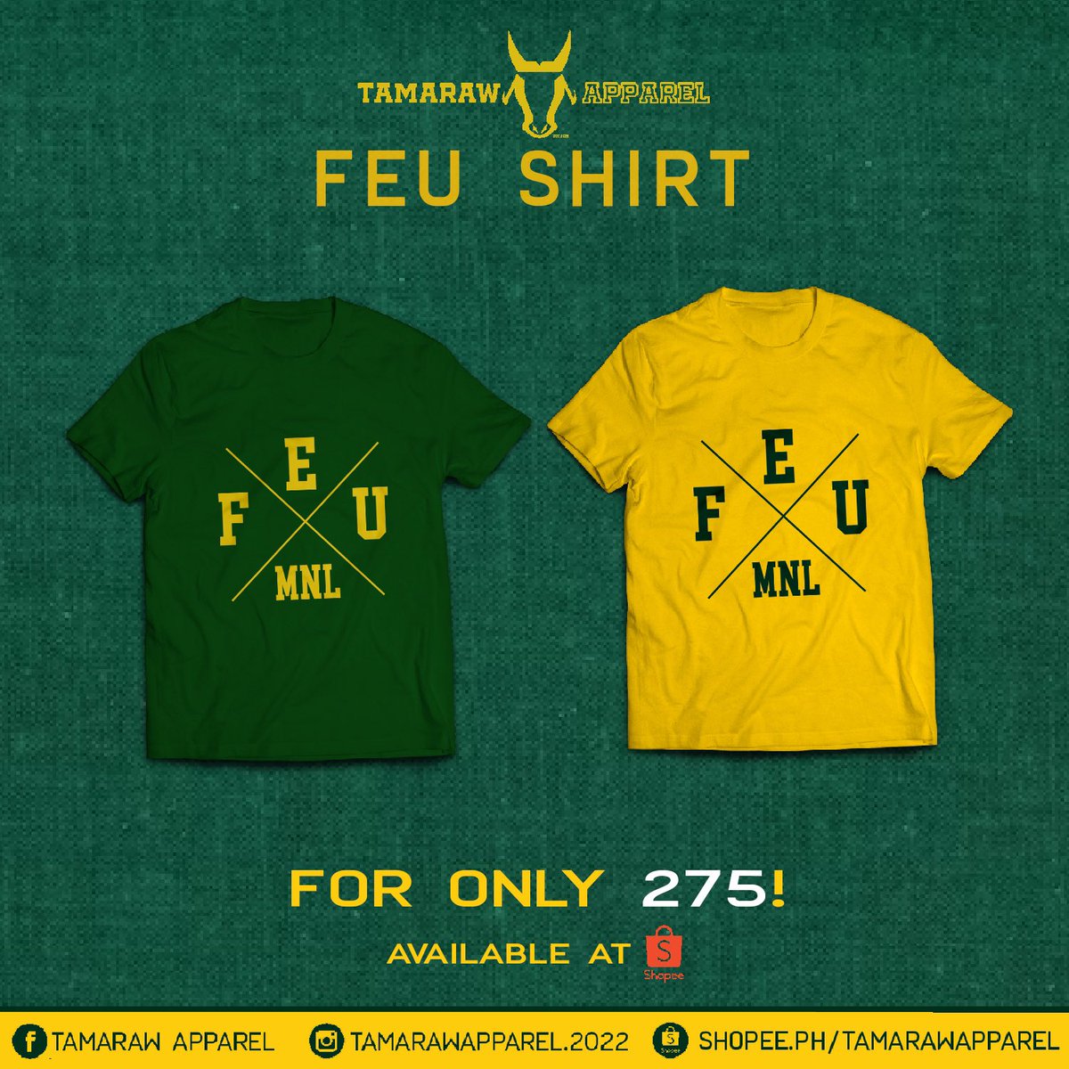 TamarawApparel's tweet photo. Featuring the first release of Tamaraw Apparel's FEU merchandise! Get your own FEU Shirts and Hoodies and get ready for the 2nd half of UAAP Season 85! Place your orders through our shopee store https://t.co/O3B5O8LhUv!

#TamarawApparel 
#FEU https://t.co/SeKnWm37ZB