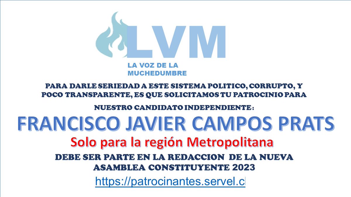 1963alfredo's tweet photo. PATROCINA A FRANCISCO CAMPOS PRATS, ÚNICO CANDIDATO INDEPENDIENTE EN LA REGIÓN METROPOLITANA, TENEMOS QUE LOGRARLO
https://t.co/Wt03ACg9Ue https://t.co/FtVoTtBDpE