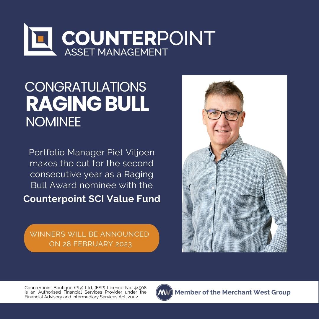 MW_Investments's tweet image. Congrats to @Counterpoint PM @pietviljoen (a winner at the 26th Edition of the Raging Bull Awards) for being nominated for the 2nd consecutive year. 
#ragingbull #FundPerformance #counterpointassetmanagment #pietviljoen #ValueFund #awardwinning #investing #retirementplanning