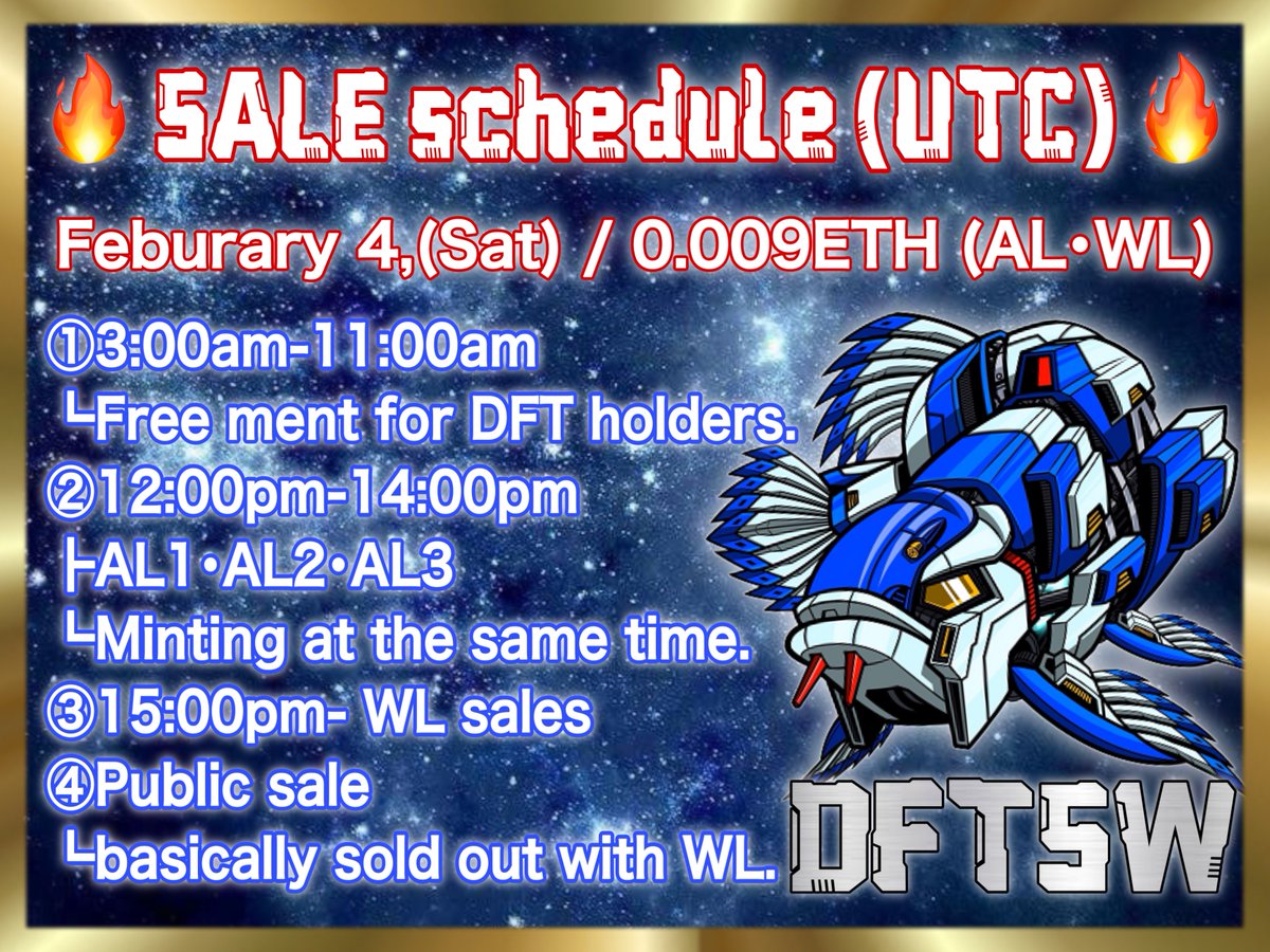 beeeee_ai's tweet photo. The schedule for tomorrow's sales is as follows: Airdrops will be available between 3:00 and 11:00 UTC for those who have purchased DFTSW through secondary distribution! https://t.co/aK7YOk3Bpz