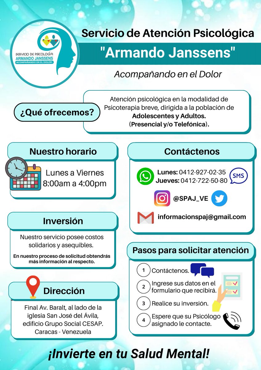Brindamos atención psicológica presencial o a distancia, con costos solidarios y asequibles.

¡Contáctenos!

<a href="/psfvenezuela/">Psic. Sin Fronteras Venezuela</a>
<a href="/AcompDolor/">Acompañando el Dolor</a>
#SaludMental #salud #Venezuela #serviciodepsicología #psicología #psicólogos #psf #psicologosenvenezuela #atencion #caracas