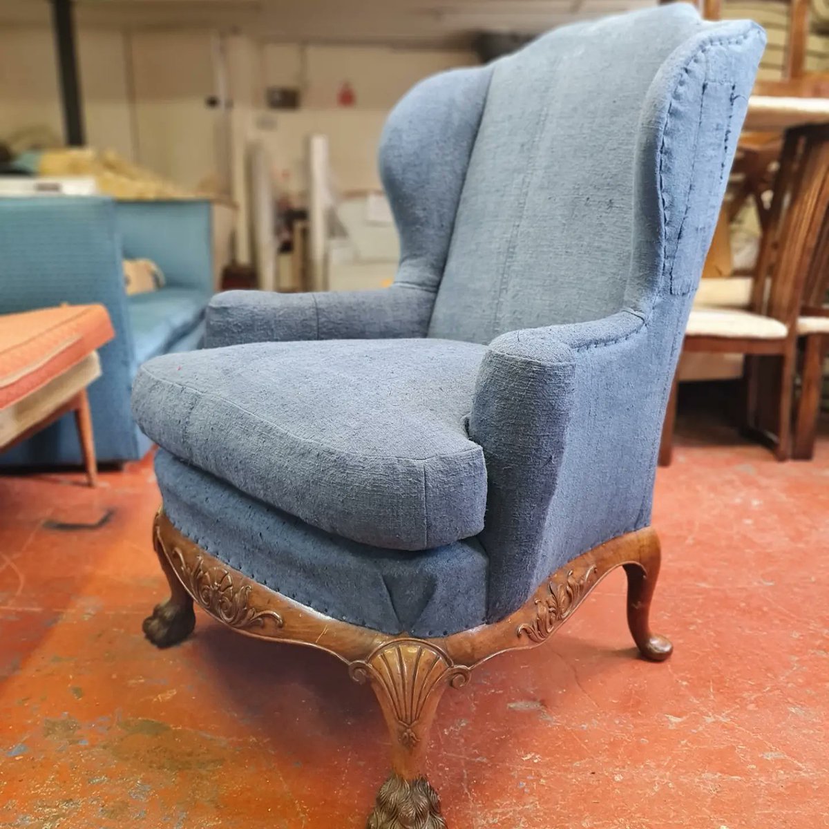 Designerworksho's tweet image. A great look for this antique wing chair which has been upholstered in grain sacks which have been sewn together

#antiques #interiors #wingchair #homefurnishings #interiordesign
#upholstery #furnituredesign #handcrafted #restoration #madeinengland #nottingham #designerworkshop