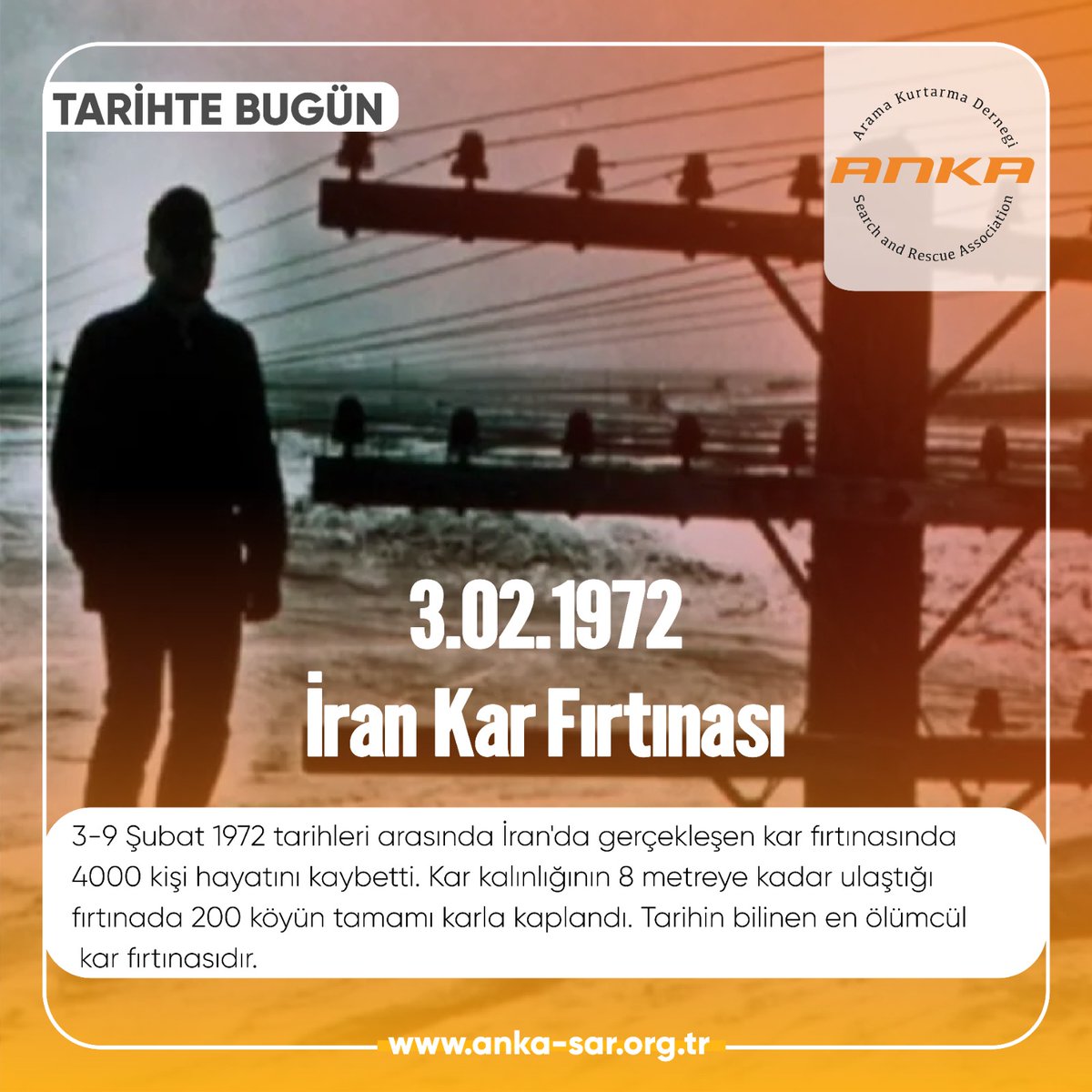 3-9 Şubat 1972 tarihleri arasında İran'da gerçekleşen kar fırtınasında 
4000 kişi hayatını kaybetti. Kar kalınlığının 8 metreye kadar ulaştığı fırtınada 200 köyün tamamı karla kaplandı. Tarihin bilinen en ölümcül
 kar fırtınasıdır.
#kar #afetlerehazırol #afet #afad