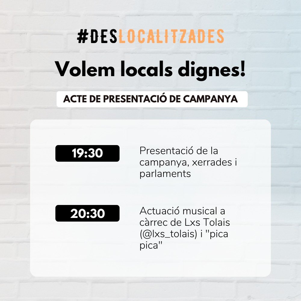 #Deslocalitzades | Ens veiem el pròxim divendres 10 de febrer a l’acte de presentació de campanya 💥🎙️

🗓️ 10 de febrer
🕢 19:30h
📍 <a href="/EjLaFontana/">Espai Jove La Fontana</a> 

👉 Xerrades, parlaments, reclams i una actuació musical a càrrec de Lxs Tolais!

Volem locals dignes ‼️

🔗 esplac.cat/deslocalitzades